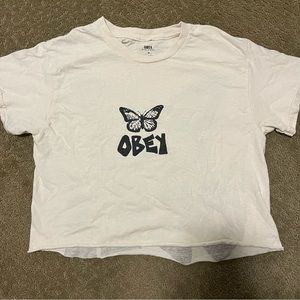 Obey raw edge hem crop top short sleeve white top with butterfly